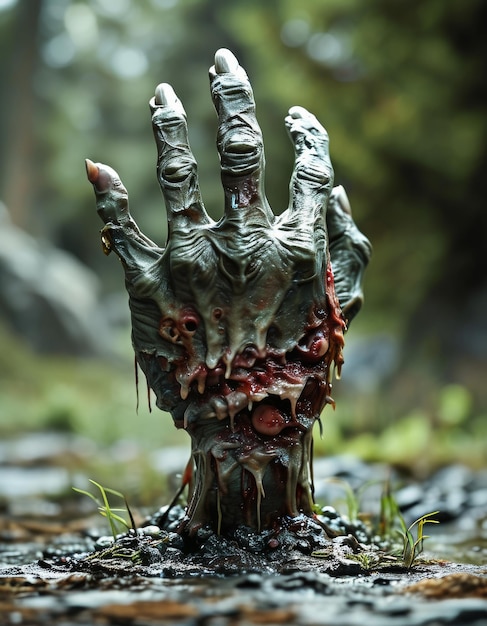 a rotting zombie arm sticking out of the ground