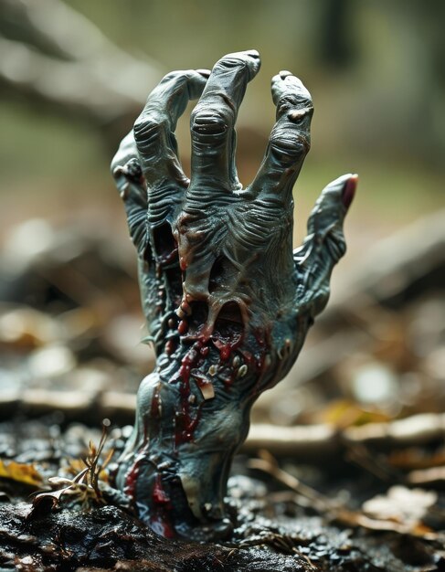 a rotting zombie arm sticking out of the ground