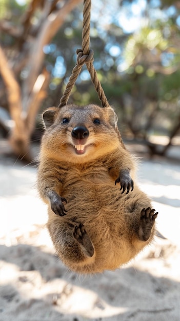 Photo rottnest island quokka is enjoying a swing and is so happy ai generated image