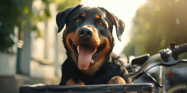 Rottweiler dog have fun bicycle ride on sunshine day morning in summer on town street