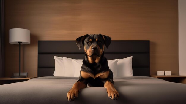 Rottweiler dog is lying on bed in hotel room with contemporary interior