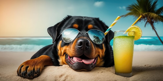 Rottweiler dog is on summer vacation at seaside resort and relaxing rest on summer beach of Hawaii