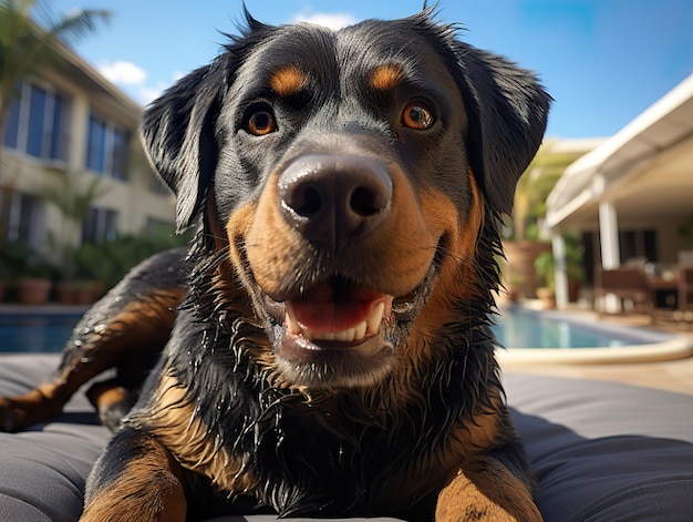 Rottweiler dog lies and looks at the camera Generative AI