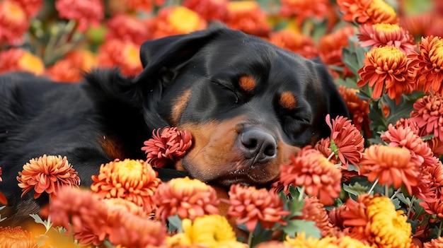 Rottweiler Dog Sleeping in Chrysanthemum Bed