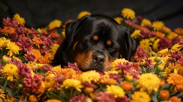 Rottweiler Dog Sleeping in Chrysanthemum Bed