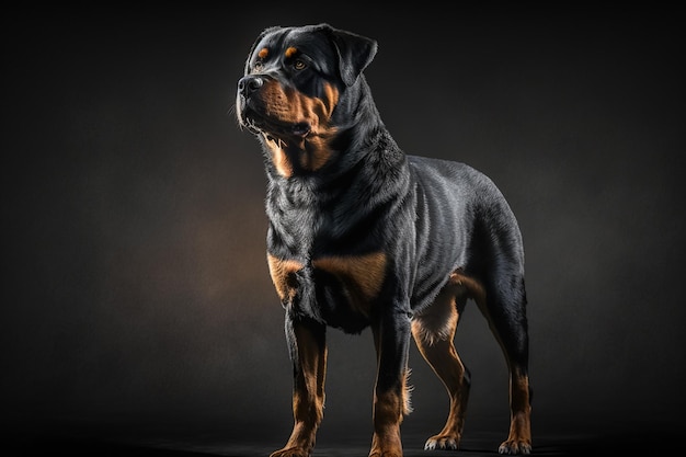 A rottweiler dog stands on a black background.