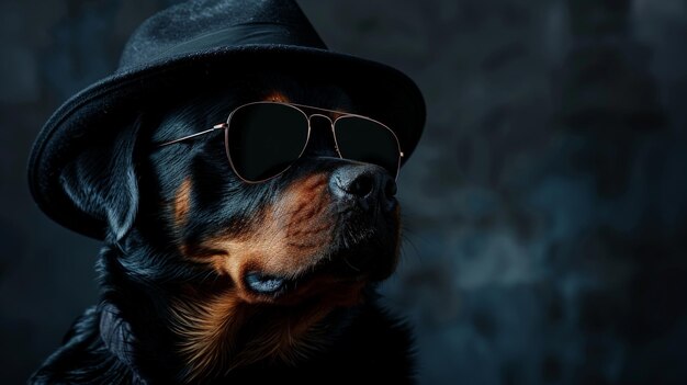 A Rottweiler dog wearing a hat and sunglasses looks directly at the camera