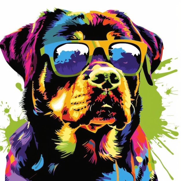 Rottweiler dog wearing sunglasses in colorful pop art style