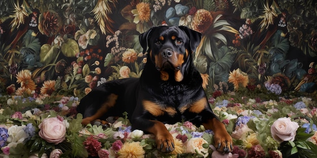 Rottweiler Surrounded by Florals Captivating Nature Photography Generative AI