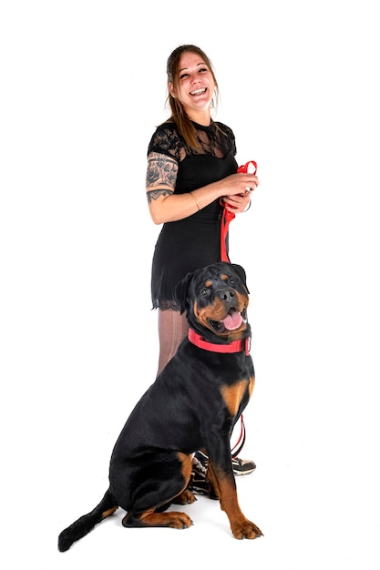 Rottweiler and woman in studio