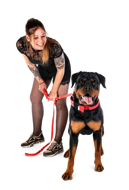 Rottweiler and woman in studio