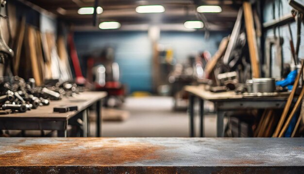 Photo rough metal workshop desk on blurred garage backdrop symbolizing industrial creativity and craftsma