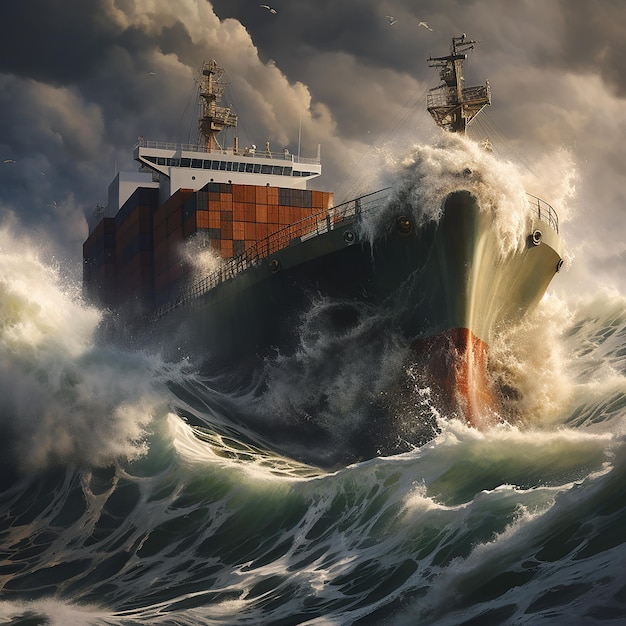 Rough waves roll over even a cargo ship