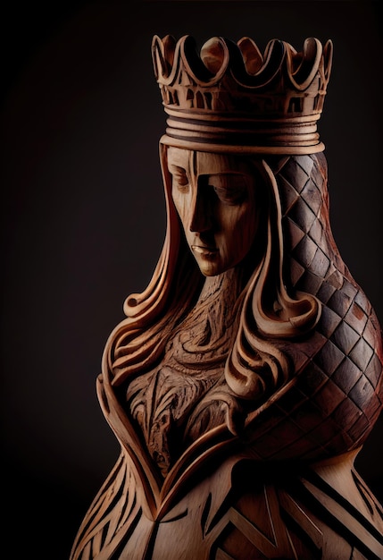 Roughly carved wood figurine of a chess Qeen Homemade figure of a chess Qeen on a dark background AI generated