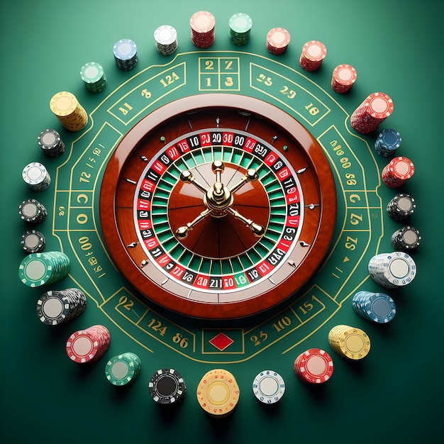 A roulette table layout with betting chips placed on various numbers ready for a thrilling spin is