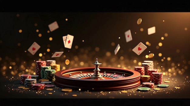 Roulette wheel with poker chips flying cards and coins