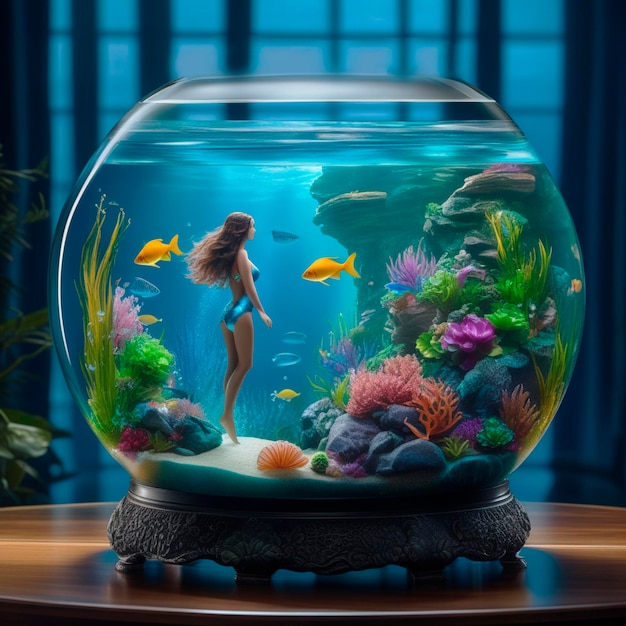 a round aquarium in which a girl and fish swim a fairytale plot