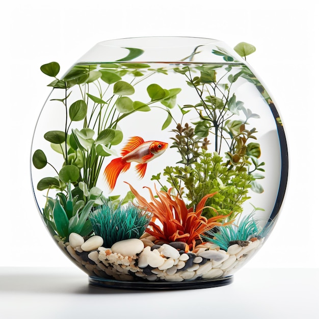 Round aquarium with colorful fish and green plants