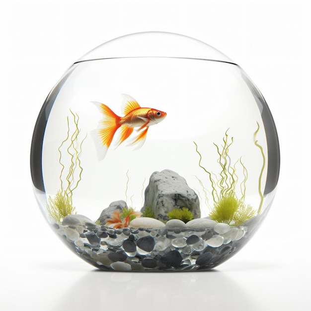 Round aquarium with a goldfish on a white background