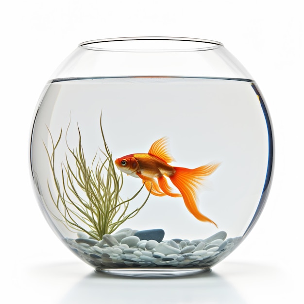 Round aquarium with a goldfish on a white background