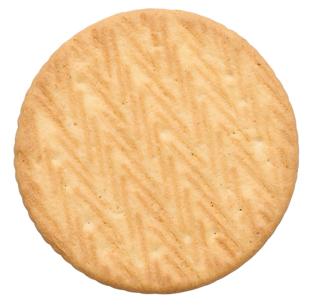 Round baked cookie on a white background top view