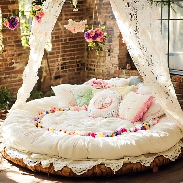 Photo round bed with lace canopy and flowers