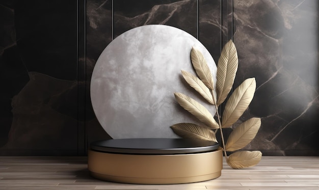 A round black and gold object sits on a wooden floor next to a gold leaf.