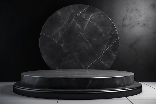 Round black marble podium for product presentation