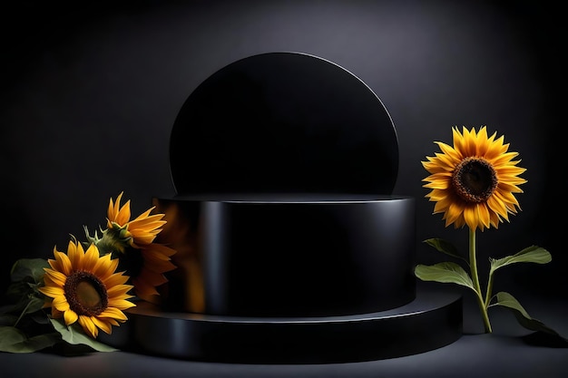 Round black podium close shot iridescent background studio with sunflower high quality