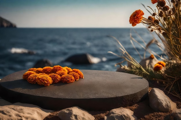 Round black rock cosmetic podium scenery with dried marigold flower by the sea hyperrealistic materials