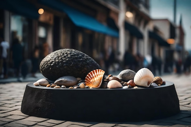 Round black rock podium composition with seashell in the street hyperrealistic materials