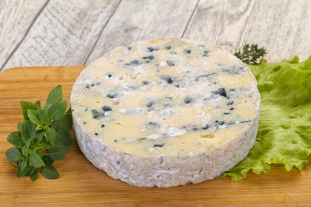 Round blue cheese with salad and basil