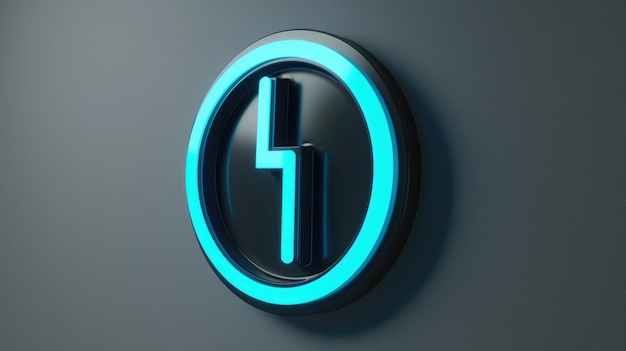 Photo round blue neon power on logo on gray background 3d style ai generative