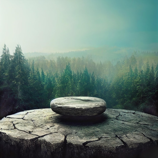 Round bluish stone podium on rock platform 3d illustration flat rock pedestal for product display green forest and blue horizon on the background natural scenery landscape soft daily light