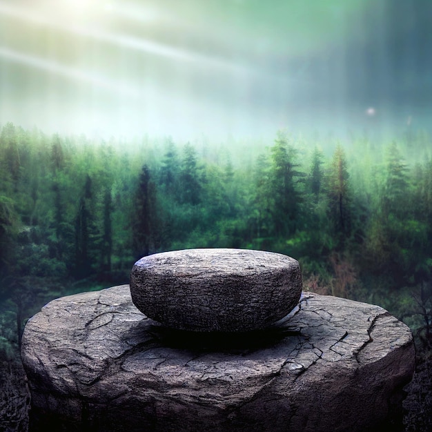 Round bluish stone podium on rock platform 3d illustration flat rock pedestal for product display green forest and blur horizon on the background natural scenery landscape soft daily light