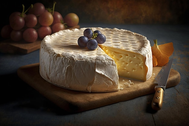 Round brie cheese with notch yellow camembert on wooden board with dark blue grapes Italian food Dairy product Still life with deep shadows rustic style Image is AI generated