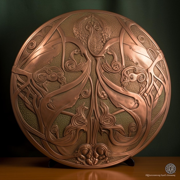 Round bronze shield with engraving in art nouveau style organic motif asymetric