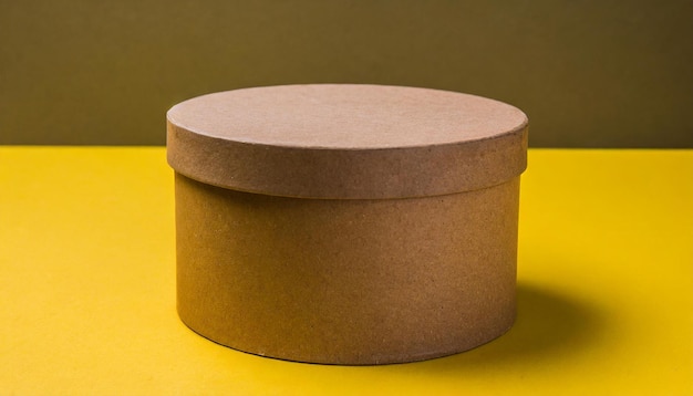 Round brown cardboard box on yellow table Mock up Packaging for delivery Eco package