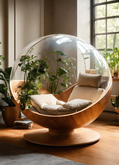 Photo a round bubble in a room with plants and a plant