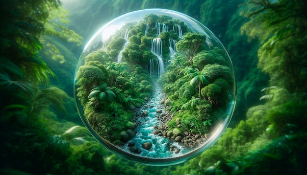 Photo a round bubble with a waterfall and a waterfall in the background