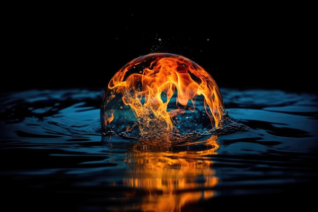 A Round Burning Ball That Looks Like Earth In Water On A Black Background Generative AI