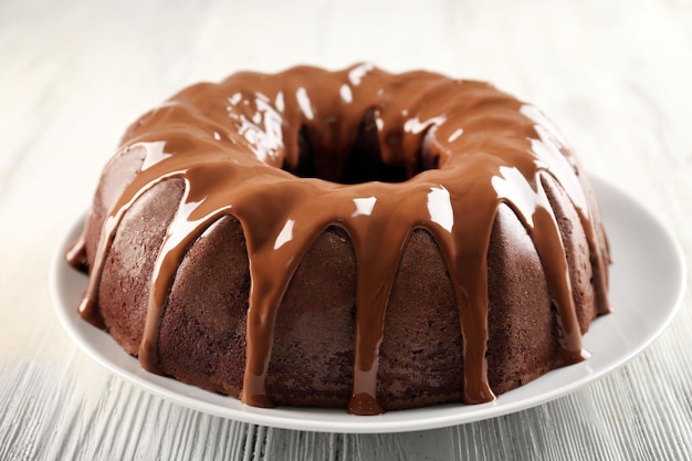 Round cake on plate closeup