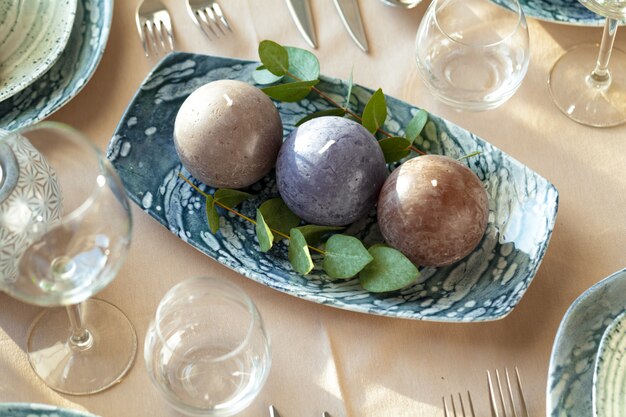 Round candles, beautiful table setting close up