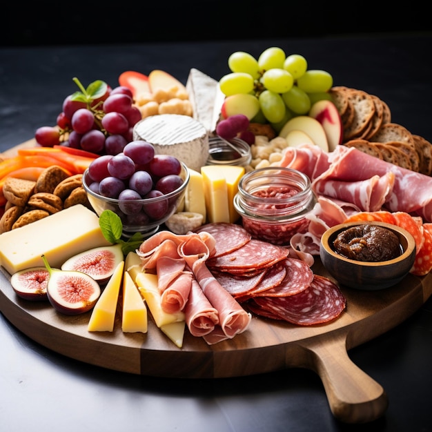 Round charcuterie board close up Appetizers board with assorted cheese cured meat prosciutto grape fruits nuts crackers Charcuterie and cheese platter Trendy snack platter on dark background