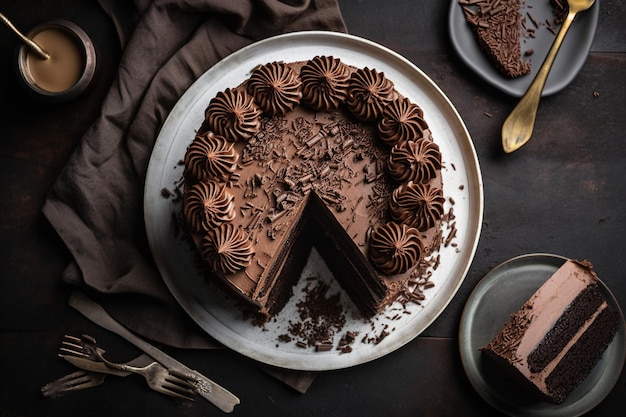 Round chocolate cake on white plate wheel with angle from above