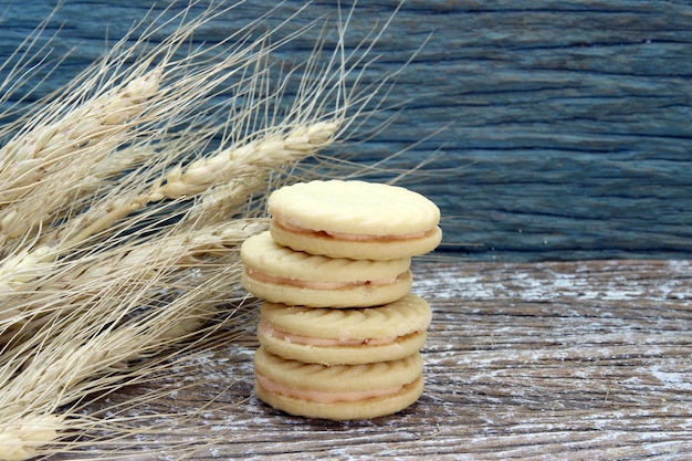 Round chocolate chip cookie and dried barley plant on wood table background