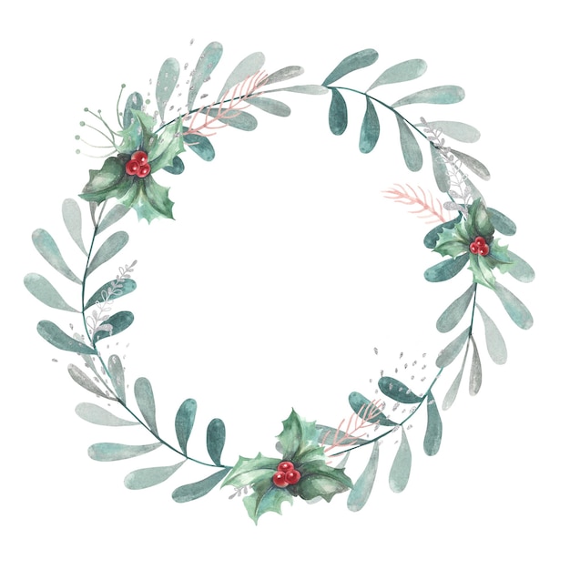 Round Christmas wreath of leaves red berries and branches Watercolor Isolate on a white background