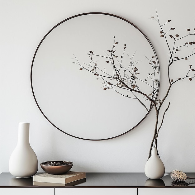 a round circle is hanging on a wall with a plant in it