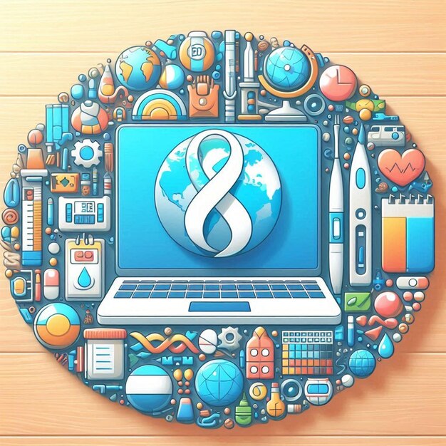 a round circle with a laptop and many icons on the top