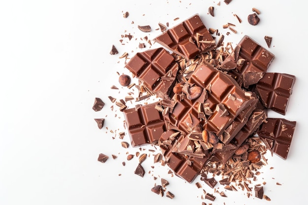 round composition of cocoa and chocolate pieces isolated on white background top view